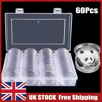 60Pcs Round Clear Coin Capsules Collection Container For 40mm Coins Storage Box • £9.99