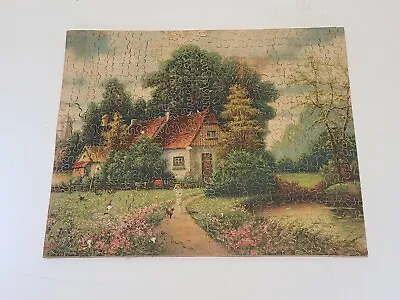 Vintage Antique Wood Wooden Jigsaw Puzzle Cottage Dog Garden Woods Landscape Art • $175
