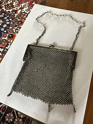 Antique 20s 30s German Silver Metal Art Deco Knit Mesh Chain Mail Evening Purse • £35