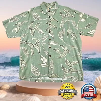 KAHALA Hawaiian Button Up Shirt MEN'S LARGE Floral Tropical Linen Blend Green VG • $22.49