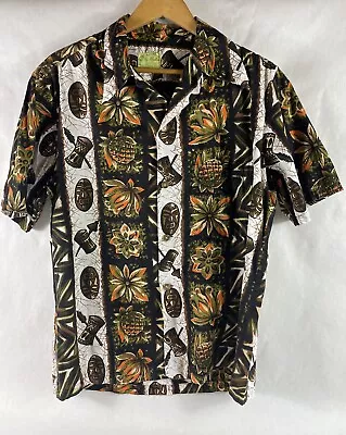 Ui-Maikai Vintage 60s Mens Cotton Hawaiian Shirt Medium Tiki Mask Pineapple Mod • $39.95