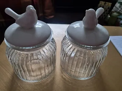 White Ceramic Bird Top Ribbed Glass Storage Jars • £15