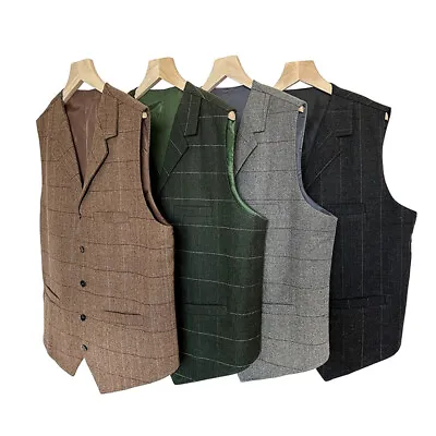 Men Tweed Wool Blend Herringbone Retro Waistcoat Plaid Slim Fit Formal Suit Vest • $29.57