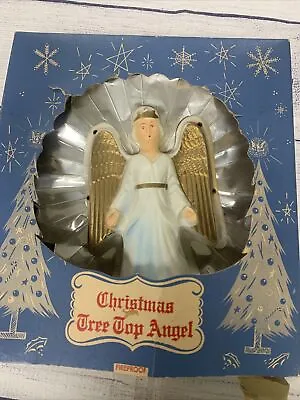 Vintage Christmas Tree Top Angel In The Box Plastic Angel W/Blue Tin Foil Backer • $36.99