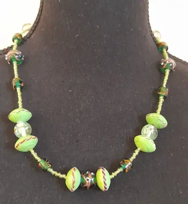 Murano Venetian Czech Green Glass Bead Necklace Lampwork Wedding Cake Vintage • £16.20