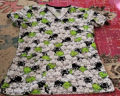 Womens S Scrub Top Cherokee Spring Green Friendly Frog Print Nurse Uniform Cute • $6.89