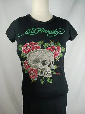 Rare Ed Hardy T Shirt Dress Rhinestone Gems Skull Roses Black Women's Medium • $32.99