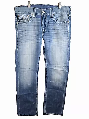 True Religion Straight Jeans — Logo Button Flap Pocket Embroidered Denim 36x35 • $29.93