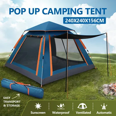 $109.95 • Buy 4 Person Pop Up Camping Tent Beach Instant Shade Family Hiking Blue Room Shelter