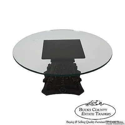 Vintage Italian Carved Wood Corinthian Colum Base Round Glass Top Coffee Table • $795