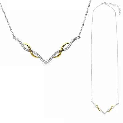$39.99 • Buy Sterling Silver Necklace W/ CZ Stones Two Tone Interlinked V-Shape Pendant