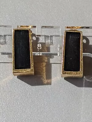 Signed Givenchy Paris NY 1977 Black Enamel Gold Tone Hoop Clip On Earrings • $37.15