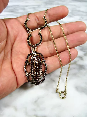 Antique Victorian Gold Washed Silver Bohemian Red Garnet 4 Tier Pendant Necklace • $497.25