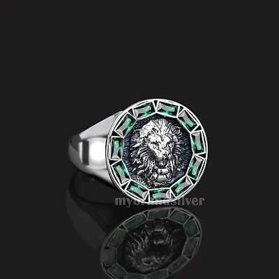 Solid 925 Sterling Silver Jewelry Lion Design Emerald Stone Men's Ring All Size • $50