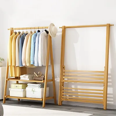 Folding Bamboo Clothes Garment Rack Coat Hanging Stand Open Display StorageShelf • £29.95