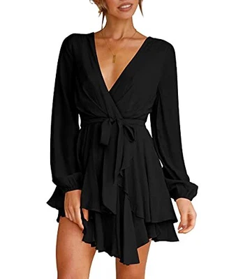 $10.99 • Buy Cosonsen Womens Mini Dress Deep V-Neck Baggy Sleeve Ruffle Hem Short Dresses