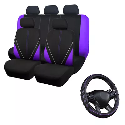 $59.99 • Buy Car Seat Covers Set Piping Universal Purple Black Steering Wheel Cover Leather
