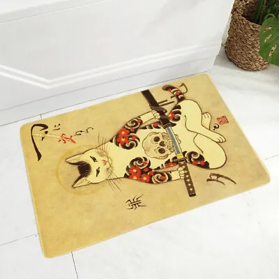 Vintage Japanese Samurai Cat Doormat Non-Slip Printed Soft Flannel Carpet Decor • £6.95