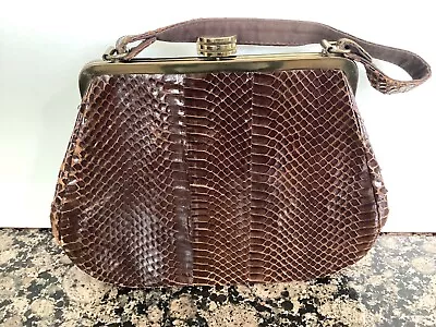 1940s Snakeskin Purse Top Handle Frame Vintage Exotic Reptile Glossy Brown • $39