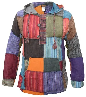 Mens Pixie Patchwork Long Hood Lightweight Multicolor Festival Pullover Hoodie • £24.99