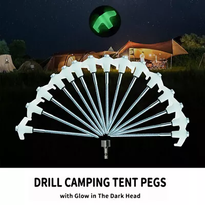$27.99 • Buy 15x Heavy Duty Steel Screw / Drill Camping Tent Pegs With Glow In The Dark Head