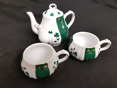 Miniature Green & White Shamrock Porcelain Tea Cups And Pot   Tea For Two  • $13.12