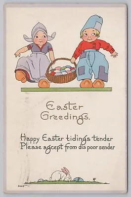 £2.43 • Buy Holiday~Easter~Dutch Boy & Girl Carry Basket Of Eggs~Rabbit~Vintage Postcard