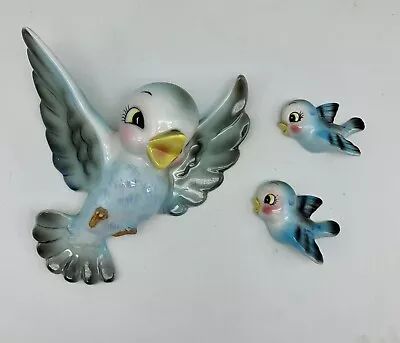 Vintage Ucagco Anthropomorphic Bluebird Bird Family Wall Plaques 3 Birds • $175