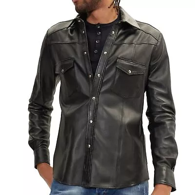 Men's Black Leather Shirt Genuine Soft Lambskin Motorcycle Casual Slim Fit Shirt • $118.99