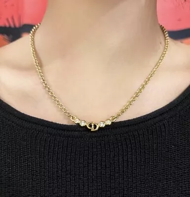 Vintage Christian Dior Gold Plated Rhinestone Logo Necklace Pendant Stamped Dior • £80