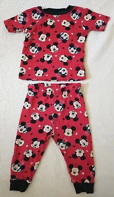 Disney Mickey Mouse Pajama Set Boy Toddler 24M Red Cotton Pant Short Sleeve • $4.96