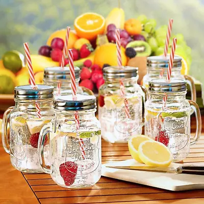 Drinking Mugs Mason Jar Wide Mouth Lids Handles Straws 6 Pack Set 16 Oz • $39.87