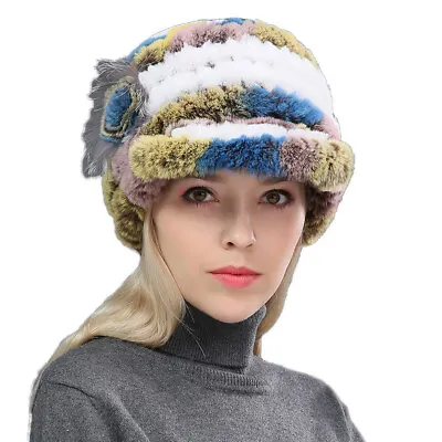 Winter Fur Hats Women Real Rabbit Fur Peaked Cap With Rose Handmade Fluffy Soft • $14.44