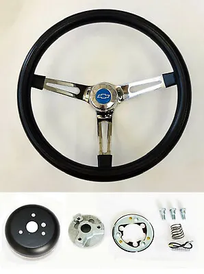 60-69 Chevy C10 Chevrolet Pick Up Steering Wheel Black On Chrome 15  Blue Bowtie • $147.95