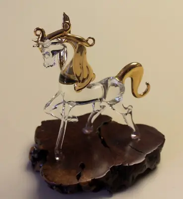 Vintage Blown Glass Horse Pegasus Figurine Burl Wood Gold Accents 6 1/2  • $19.77