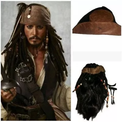 Brown Wig Hat Pirates Of The Caribbean Captain Jack Sparrow Cosplay Halloween • £15