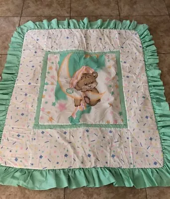 Vintage Teddy Beddy Bear Crib Blanket Quilted Comforter Morgan Green Ruffle • $75.60