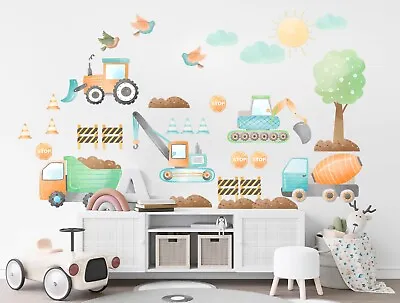 Construction Trucks Mixer Truck Bulldozer Digger Truck Nursery Wall Decal Sticke • $30.67