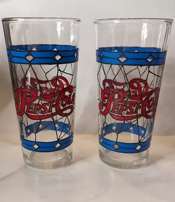 Vintage Pepsi Cola Stained Glass Tiffany Style Drinking Glasses 1970's Set Of 2 • $10.39