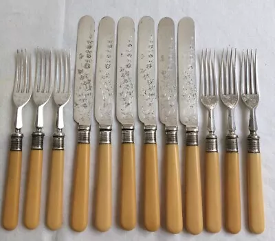 Vintage Set-6X 21cm Engraved-Butter Knives & 6 Matching Forks-Faux Bone Handles • $70