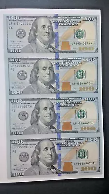 100 One Hundred Dollar Bill Uncut Currency Sheet Of 4 Notes 2009 A • $569