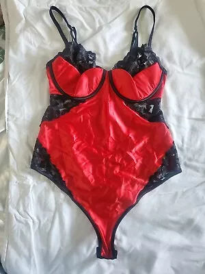 Bras N Things Black Lace & Red Satin Bodysuit 10D • $25