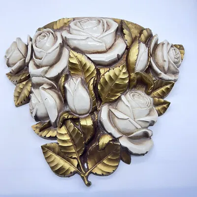 Vintage HOMCO Gold White Roses 1977 Plastic Wall Pocket 11 X 8.35 Inches • $22