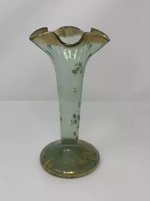 Antique French Legras Montjoye Green Gilded Enamel Art Vase Ruffle Rim • $199