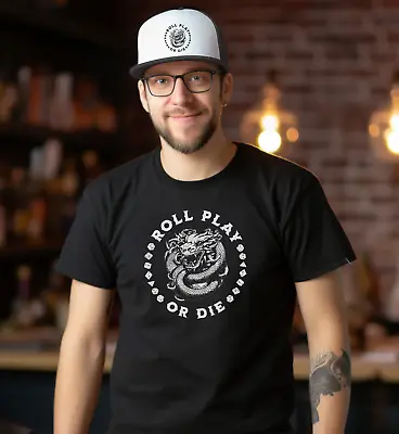 ROLL PLAY OR DIE Unisex Tshirt With Multi-Sided Dungeons Dice & Coiled Dragons G • $19.99