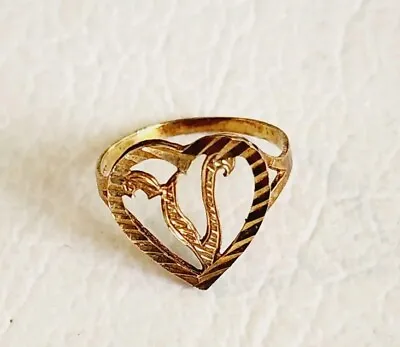 Vintage 10K V Initial Heart Ring  Ladies Heart Diamond Cut  Ring Size 7.25 1.5 • $135