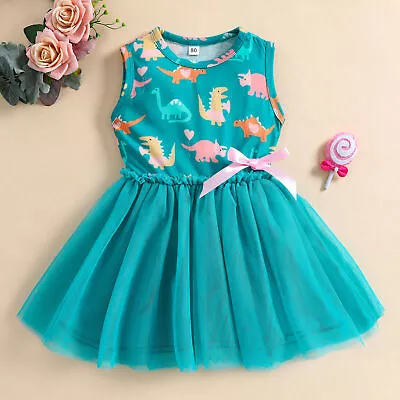 Girls Dresses Kids Dinosaur Bow Tulle Toddler Patchwork Princess Baby UK • £10.99