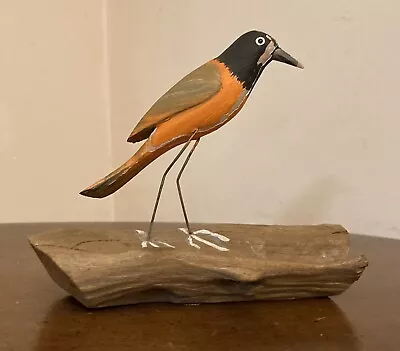 VTG Folk Art Hand Painted/Carved Wood Miniature ORIOLE BIRD~Petrified Wood Stand • $19.99