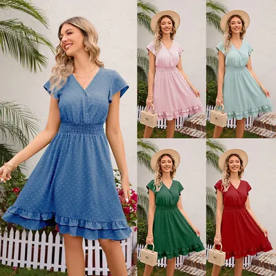 Women Summer Short Sleeve V-Neck Holiday Swing Dress Frill Hem Dresses Size 6-18 • £16.10