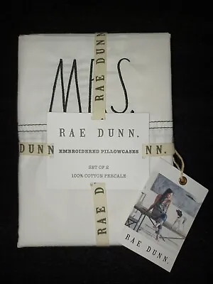 Rae Dunn Pillow Cases Mr & Mrs White Percale Cotton Std Size Embroidered Set • £19.28
